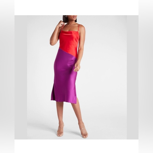 Express Dresses & Skirts - NWT Express Satin Color Block Cowl Neck Midi Slip Dress - Small - Purple/Red